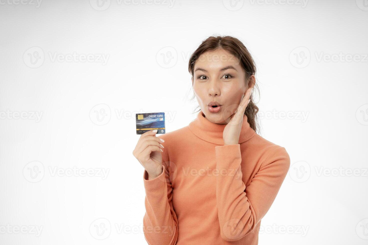 woman show credit card for online shopping at home. stay home, technology, electronic commerce, internet, market place, final or summer or big sale, payment, discount for credit, Low price photo