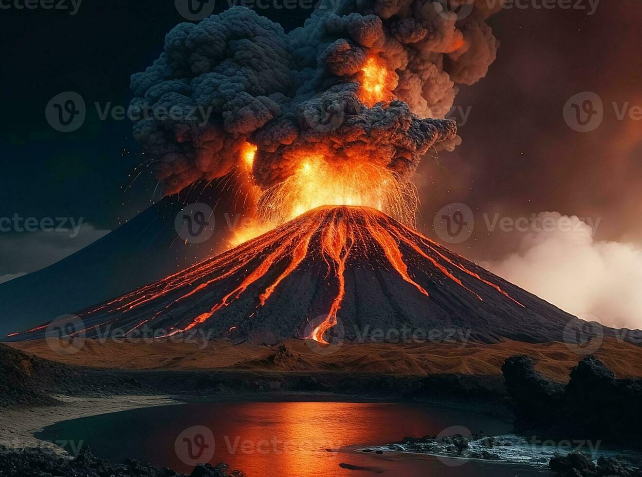 ai generativo volcán erupción con masivo alto estallidos de lava y caliente nubes altísimo alto dentro el cielo, piroclástico fluir en Asia Krakatoa foto