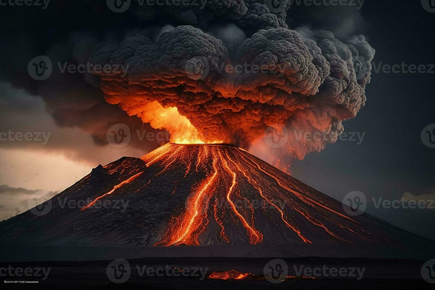 AI Generative volcano eruption with massive high bursts of lava and hot clouds soaring high into the sky, pyroclastic flow in asia krakatoa photo