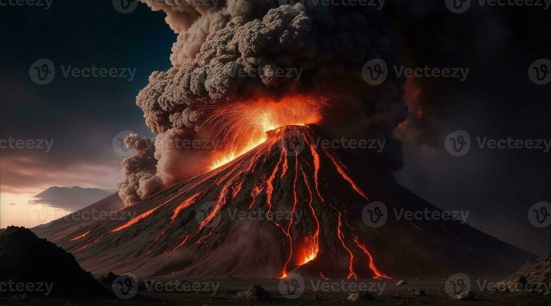 AI Generative volcano eruption with massive high bursts of lava and hot clouds soaring high into the sky, pyroclastic flow in asia krakatoa photo