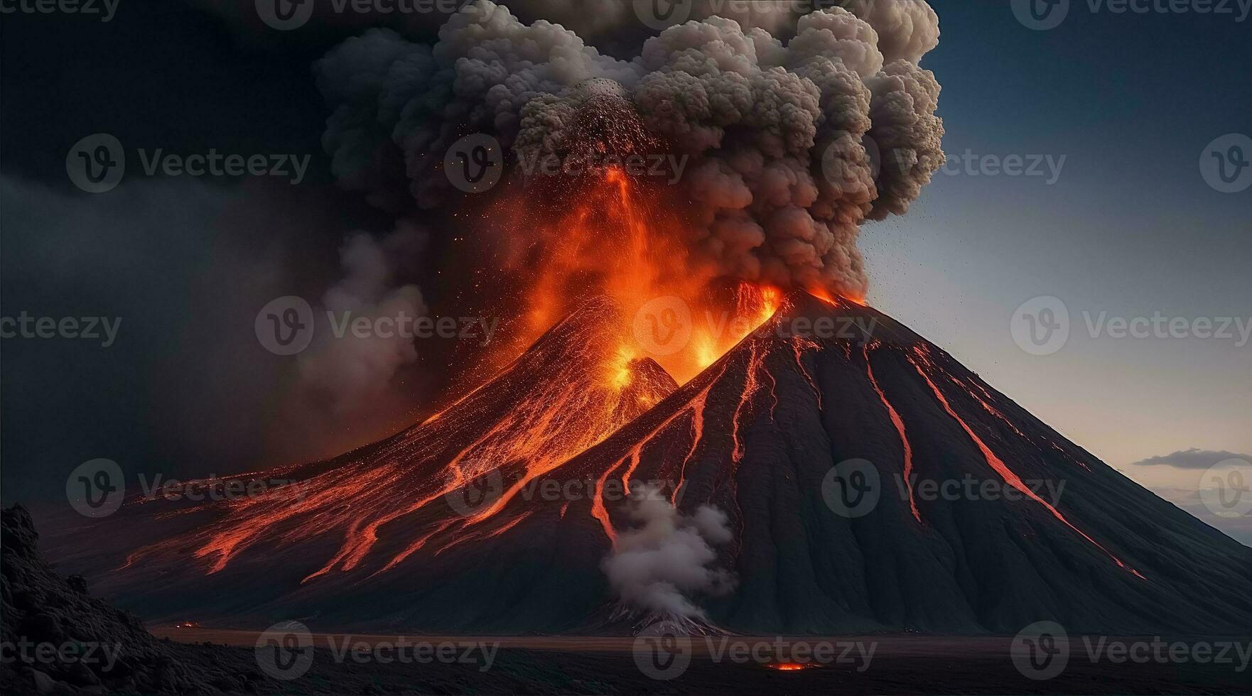 AI Generative volcano eruption with massive high bursts of lava and hot clouds soaring high into the sky, pyroclastic flow in asia krakatoa photo