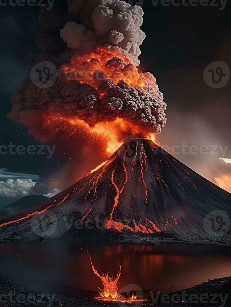 AI Generative volcano eruption with massive high bursts of lava and hot clouds soaring high into the sky, pyroclastic flow in asia krakatoa photo