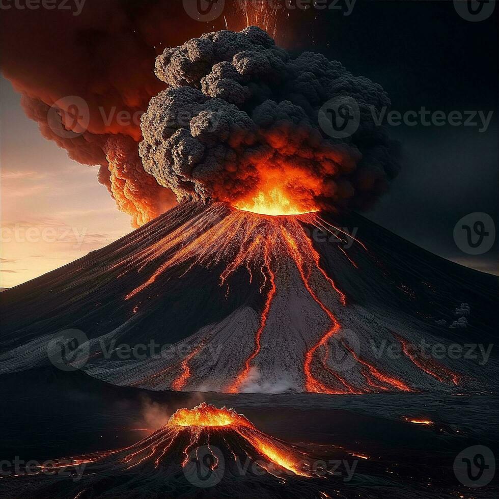 ai generativo volcán erupción con masivo alto estallidos de lava y caliente nubes altísimo alto dentro el cielo, piroclástico fluir en Asia Krakatoa foto