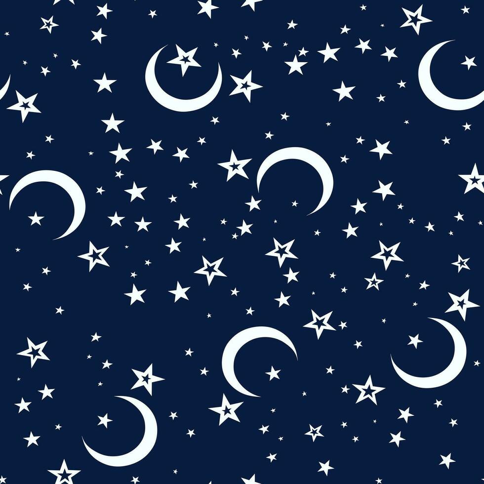 Starry night sky space seamless pattern. Galaxy shiny stars background, fabric seamless print or textile vector background.