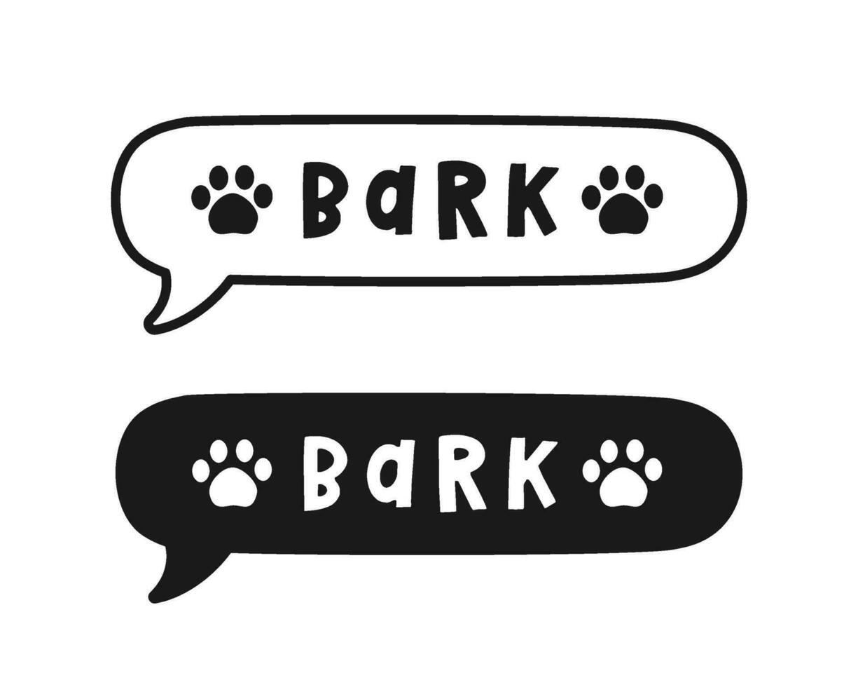 Bark text in a speech bubble balloon outline and silhouette set. Cartoon comics dog sound effect lettering. Simple flat vector illustration.