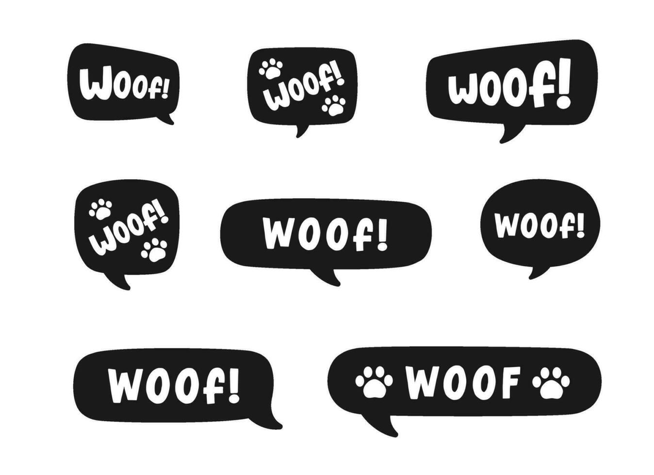 Woof text in a speech bubble balloon silhouette set. Cute cartoon comics dog bark sound effect and lettering. Vector illustration.