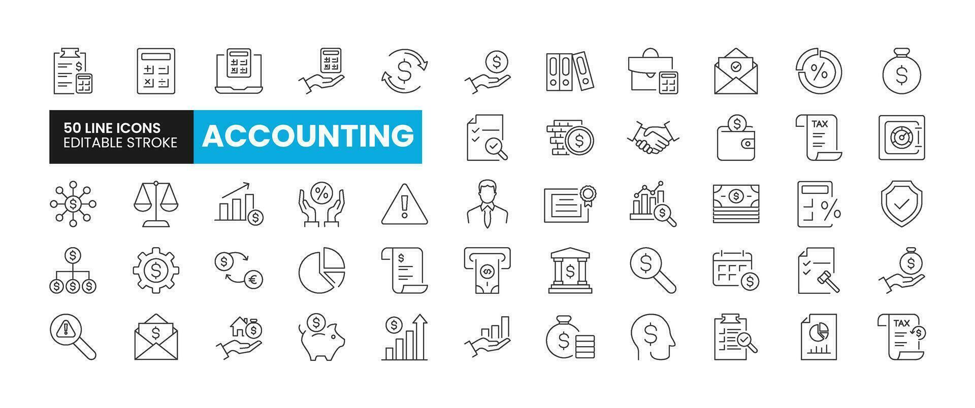 Set of 50 Accounting line icons set. Accounting outline icons with editable stroke collection. Includes Accountant, Cash Flow, Bank, Risk, Audit and More vector