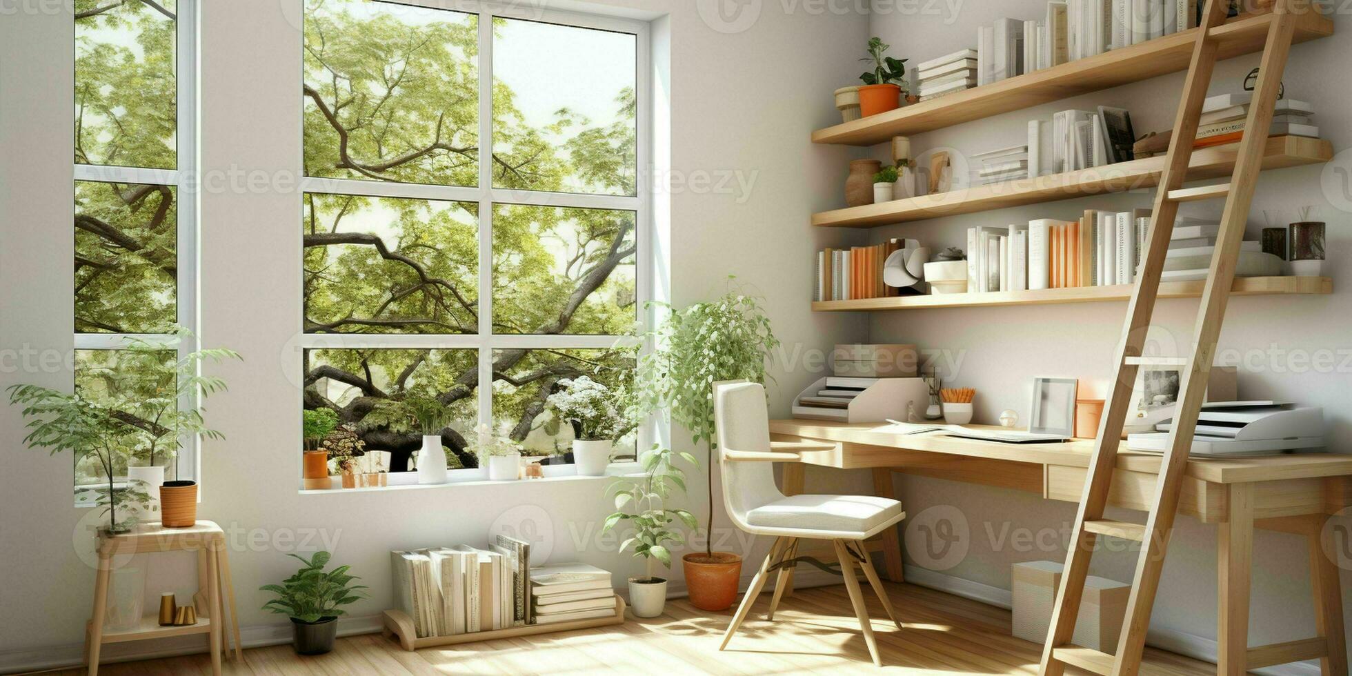 AI generated A minimal home office with view from window, wall-mounted desk, modern chair and a bookcase photo