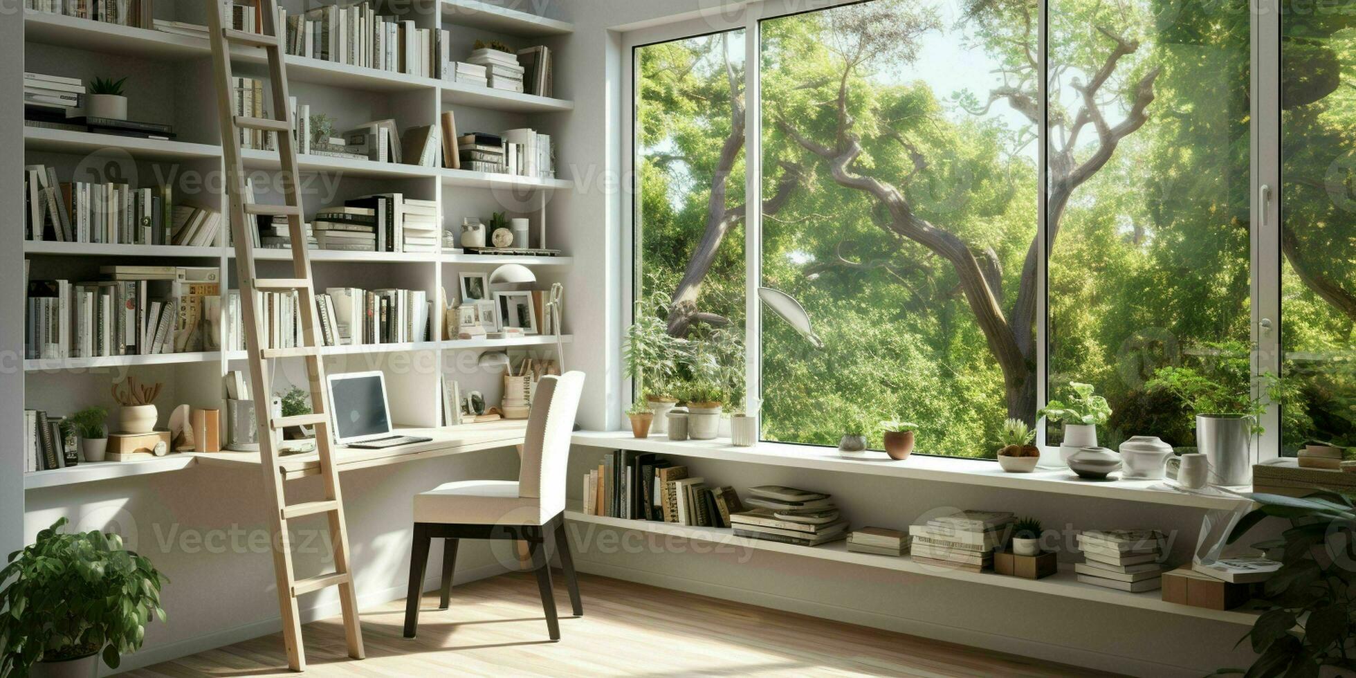 AI generated A minimal home office with view from window, wall-mounted desk, modern chair and a bookcase photo