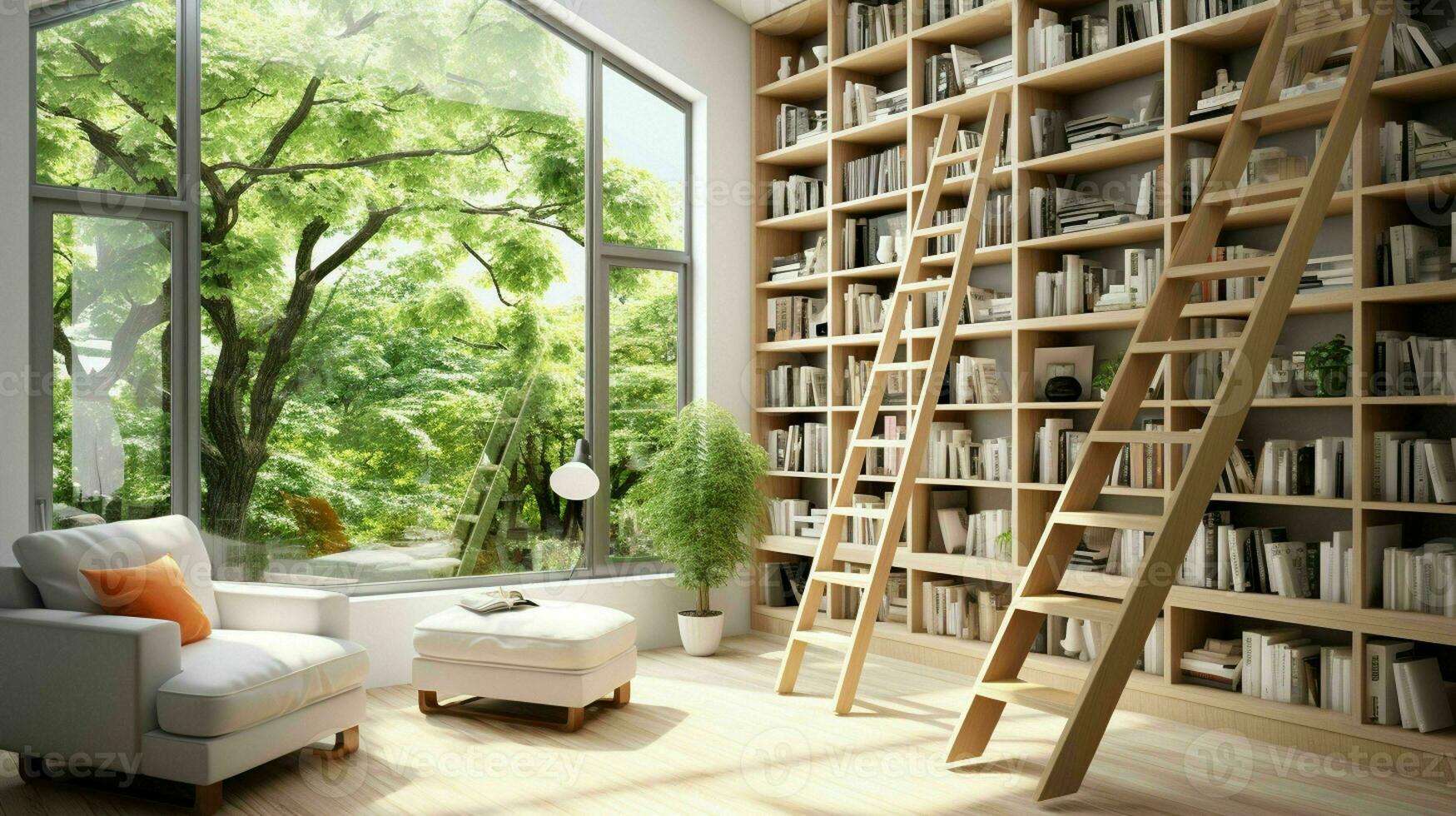 AI generated A minimal home office with view from window, wall-mounted desk, modern chair and a bookcase photo