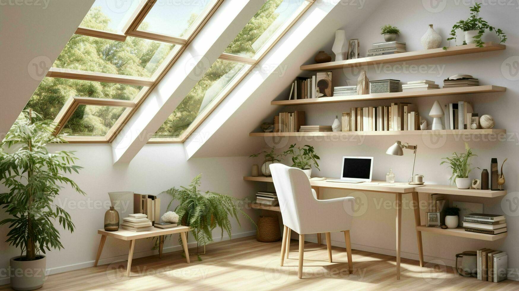 AI generated A minimal home office with view from window, wall-mounted desk, modern chair and a bookcase photo