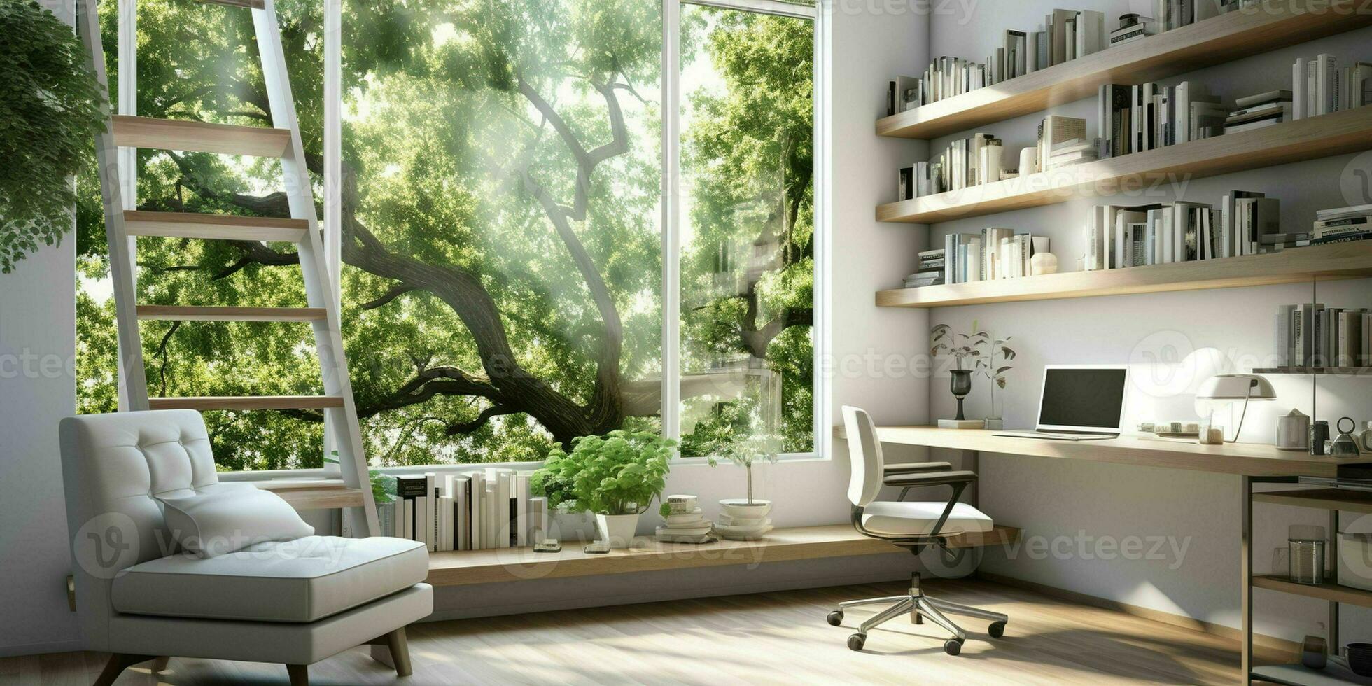 ai generado un mínimo hogar oficina con ver desde ventana, montado en la pared escritorio, moderno silla y un librero foto