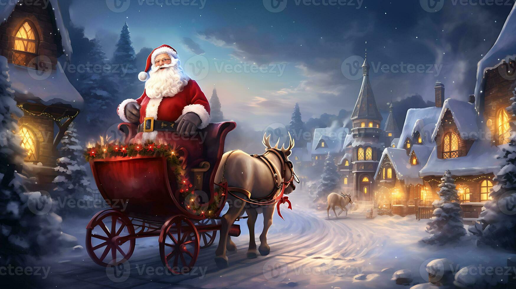 AI generated Santa near sleigh in the style of digital art generated by Ai photo