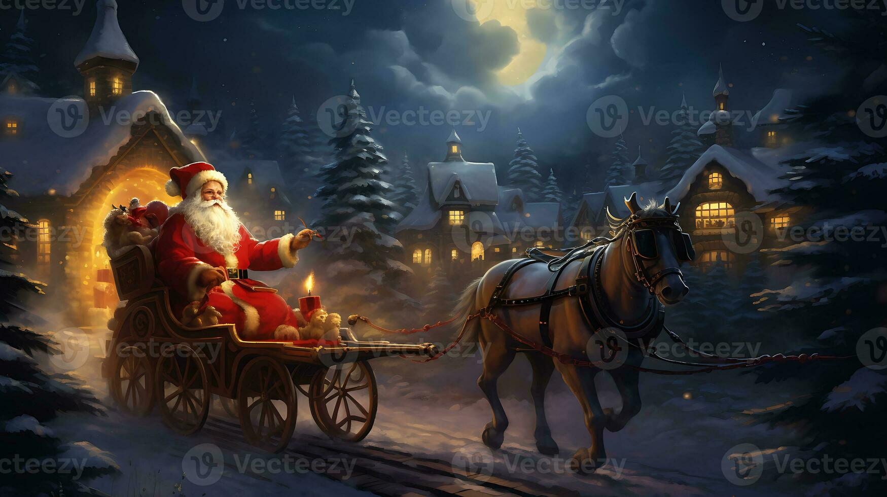 AI generated Santa near sleigh in the style of digital art generated by Ai photo