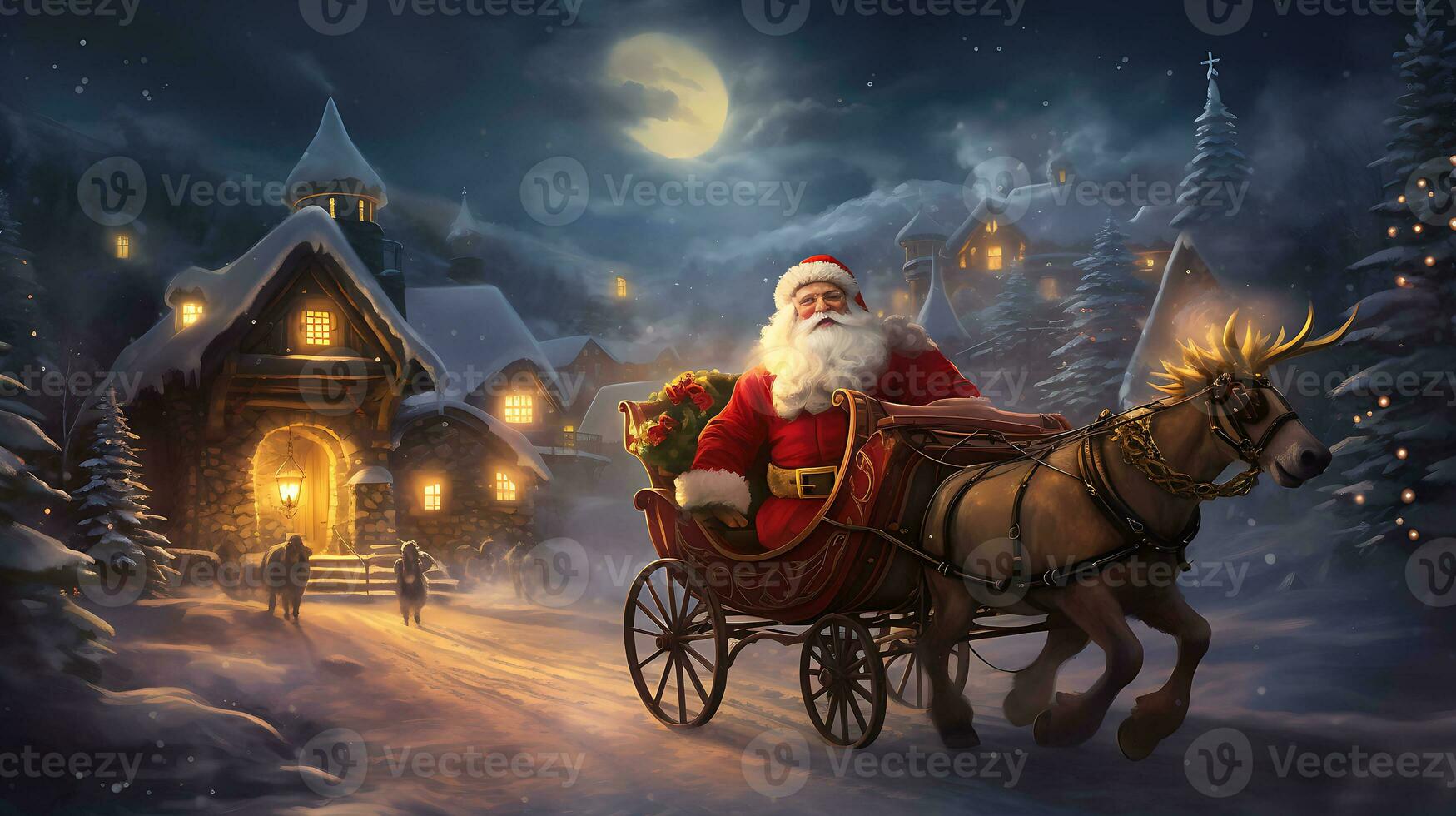 AI generated Santa near sleigh in the style of digital art generated by Ai photo