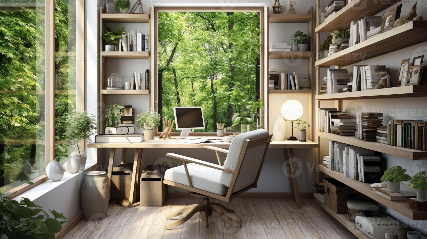 AI generated A minimal home office with view from window, wall-mounted desk, modern chair and a bookcase photo