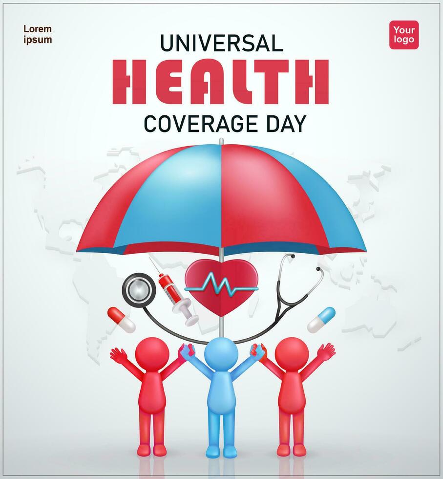 Universal Health Coverage Day. three stickman characters with elements of umbrella, statescope, syringe, pulsating heart and pills. 3d vector suitable for events, education and health