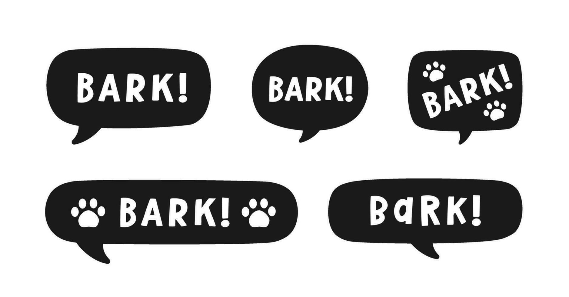 Bark text in a speech bubble balloon silhouette set. Cute cartoon comics dog sound effect and lettering. Vector illustration.