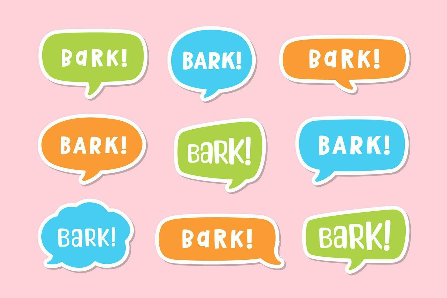 Bark text in a speech bubble balloon set, digital sticker design. Cute cartoon comics dog puppy sound effect and lettering. Textured vector illustration.