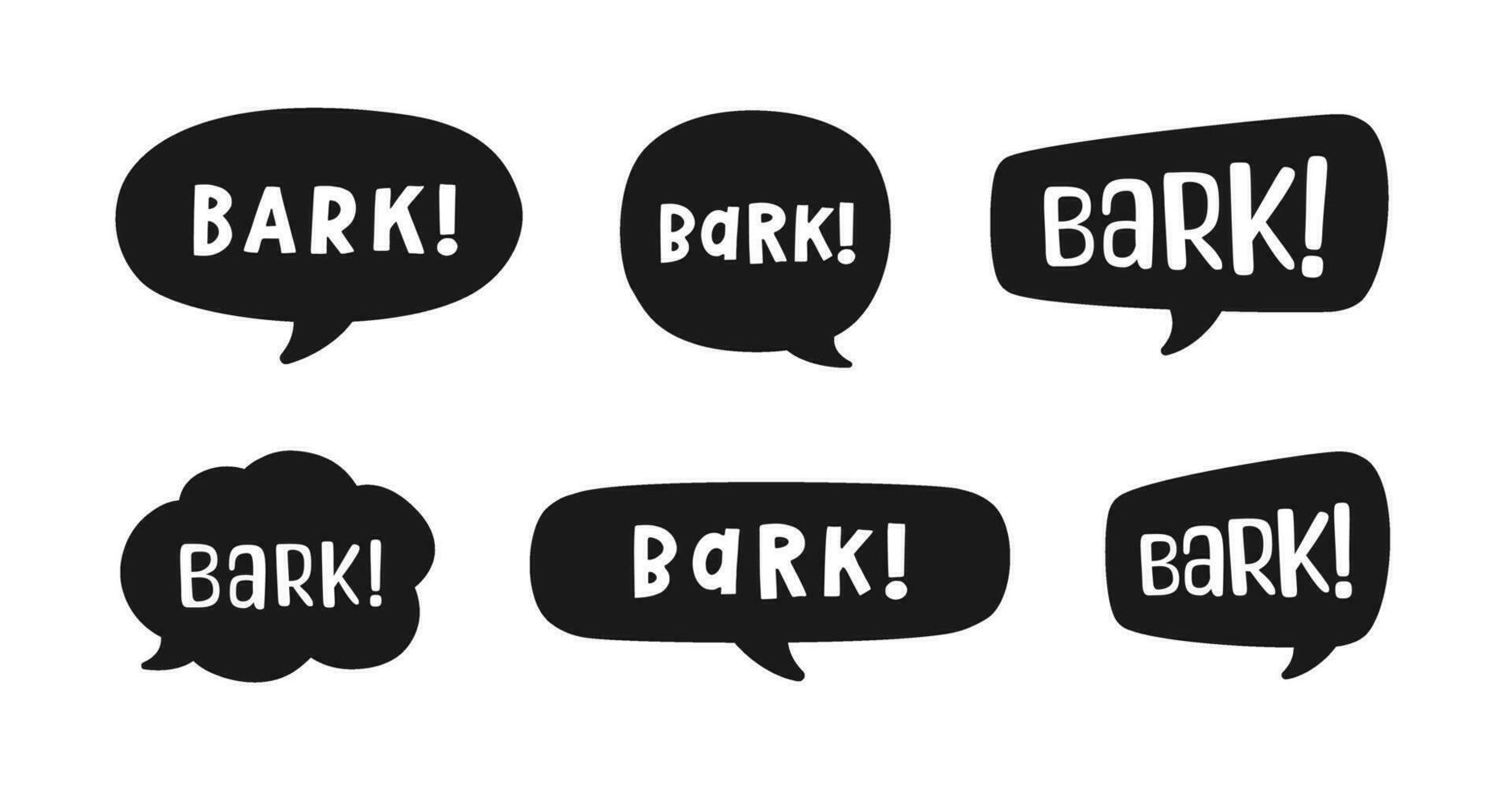 Bark text in a speech bubble balloon silhouette set. Cute cartoon comics dog sound effect and lettering. Vector illustration.