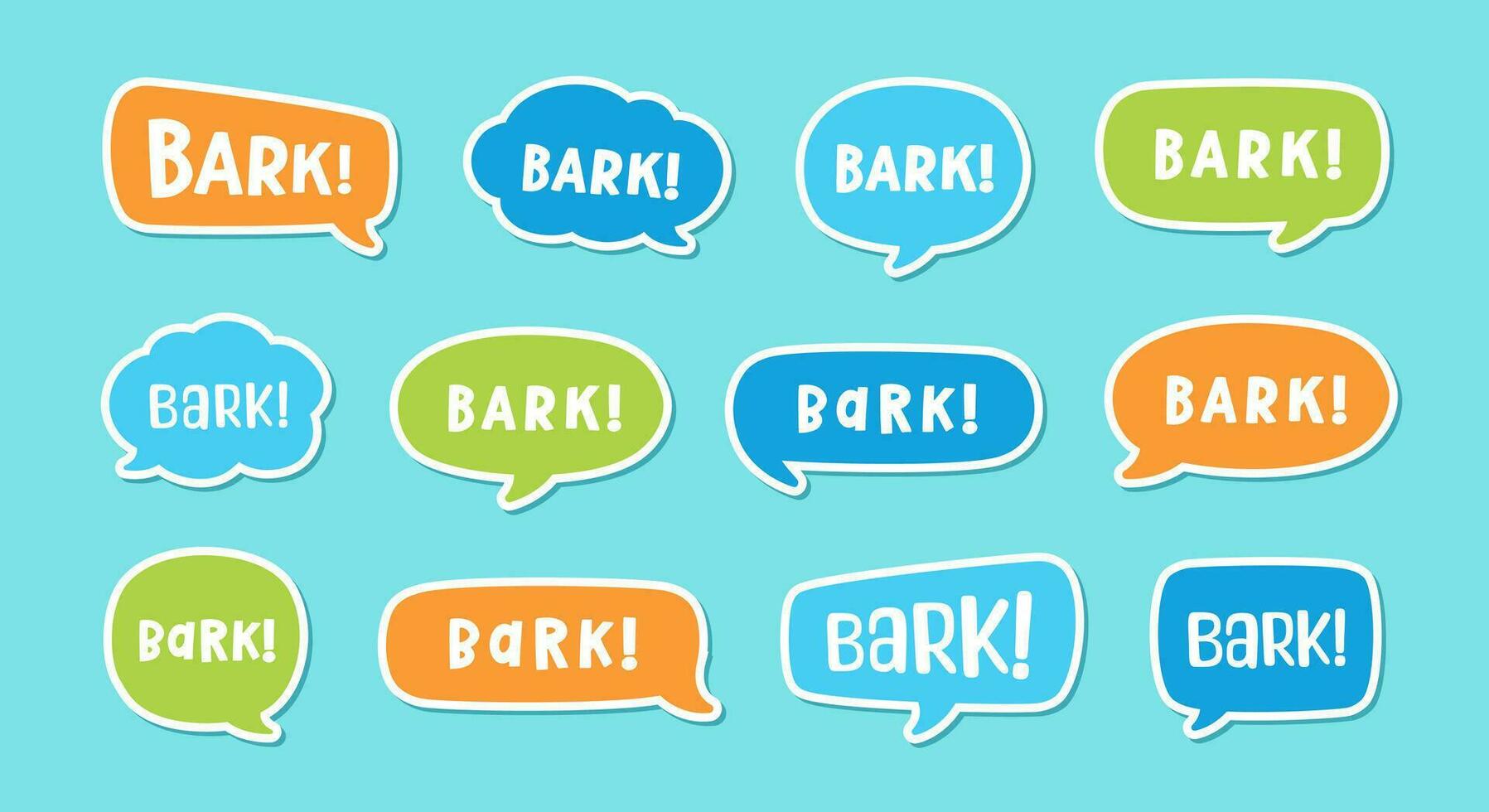 Bark text in a speech bubble balloon set, digital sticker design. Cute cartoon comics dog puppy sound effect and lettering. Textured vector illustration.