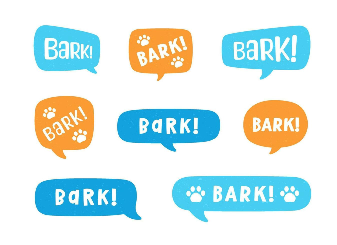 Bark text in a speech bubble balloon set, digital sticker design. Cute cartoon comics dog puppy sound effect and lettering. Textured vector illustration.