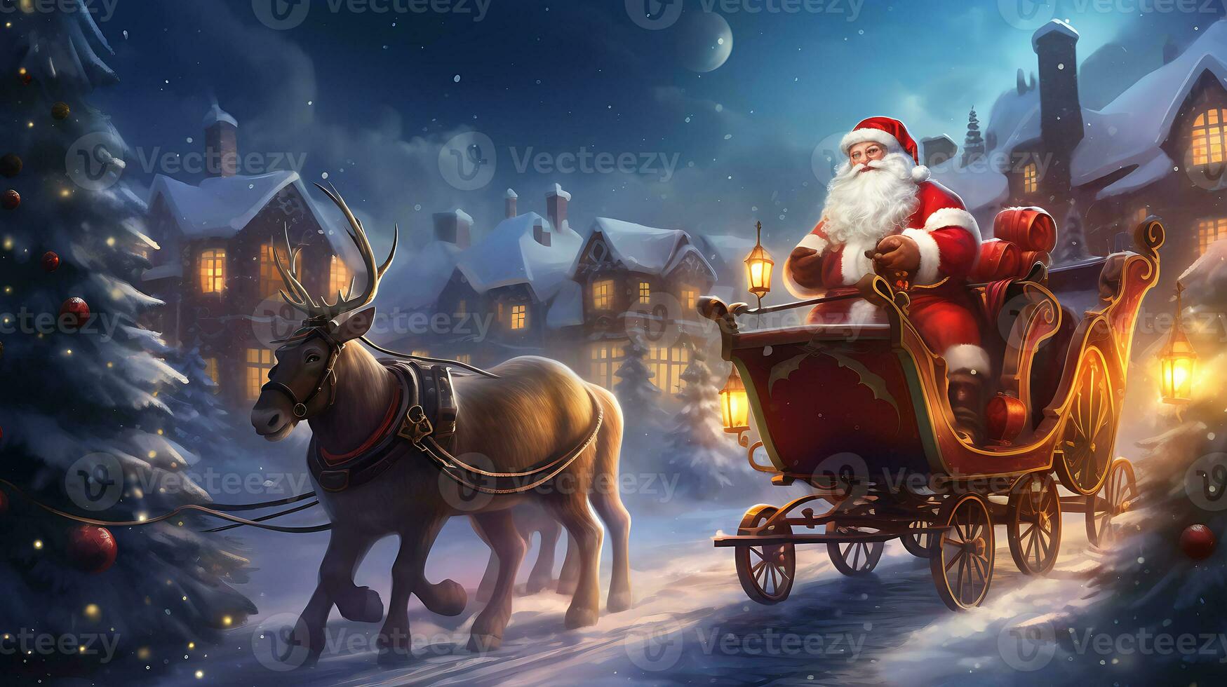 AI generated Santa claus on sleigh style of deer generated by Ai photo