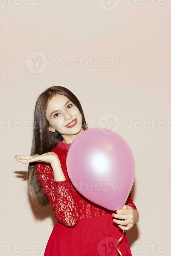 attractive girl with air balloon. valentines day, birthday, womens day, anniversary, holiday celebration concept photo