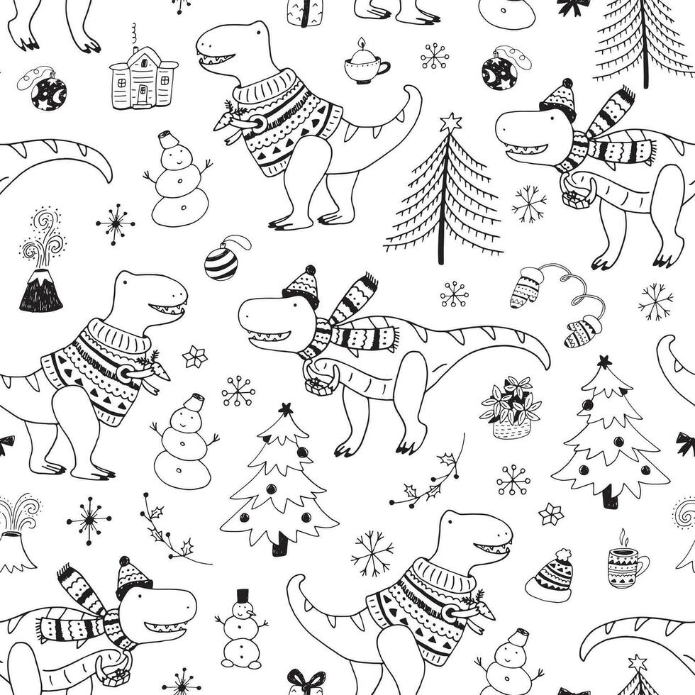 Christmas dinosaurs vector seamless pattern.