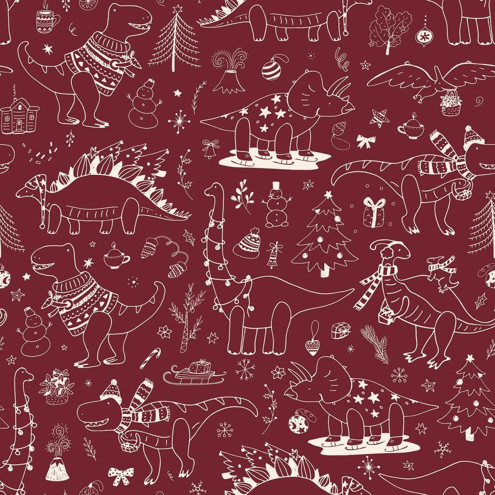 Christmas dinosaurs vector seamless pattern.