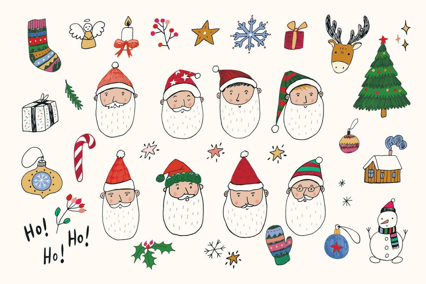 Santa face vector illustrations set.