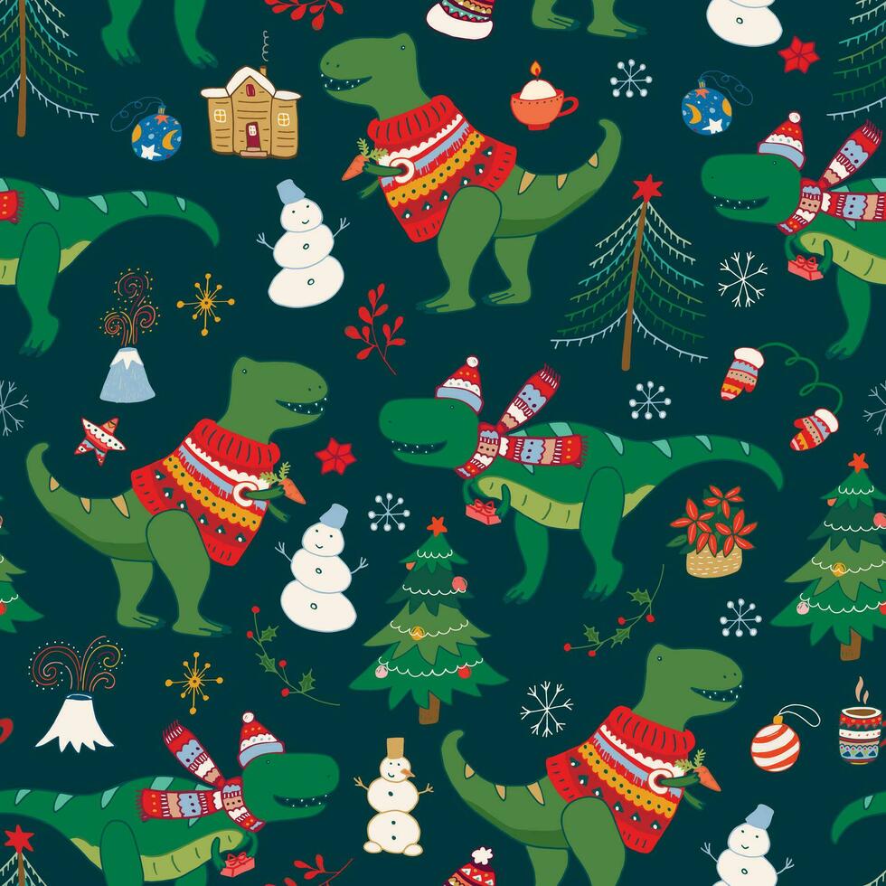 Christmas dinosaurs vector seamless pattern.