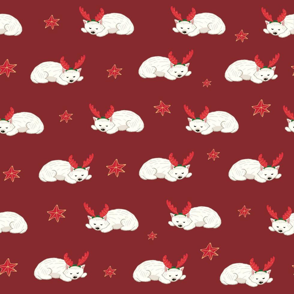Christmas dog west highland white terrier winter vector seamless pattern.