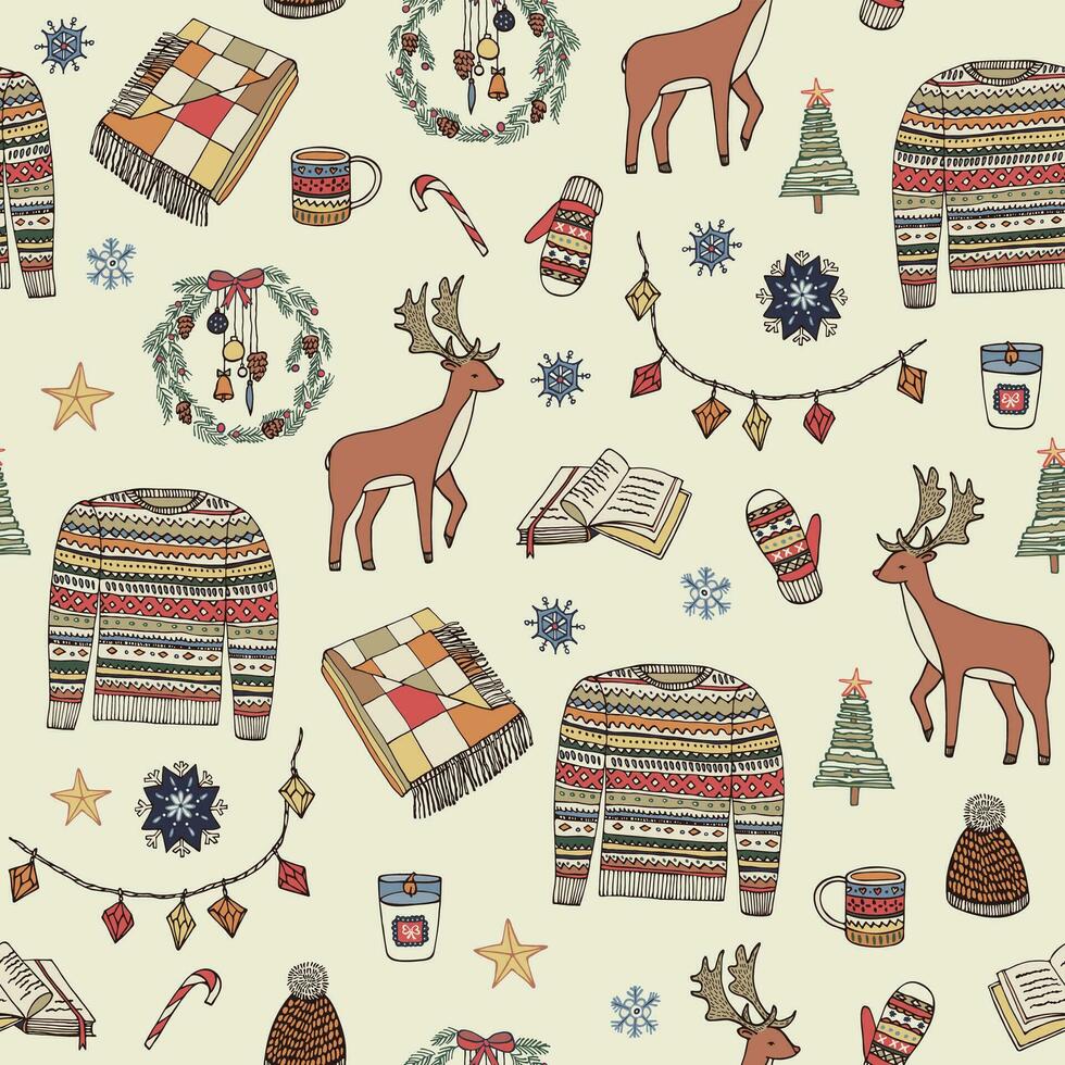 Navidad suéter, ciervo, acogedor objetos invierno vector sin costura modelo.