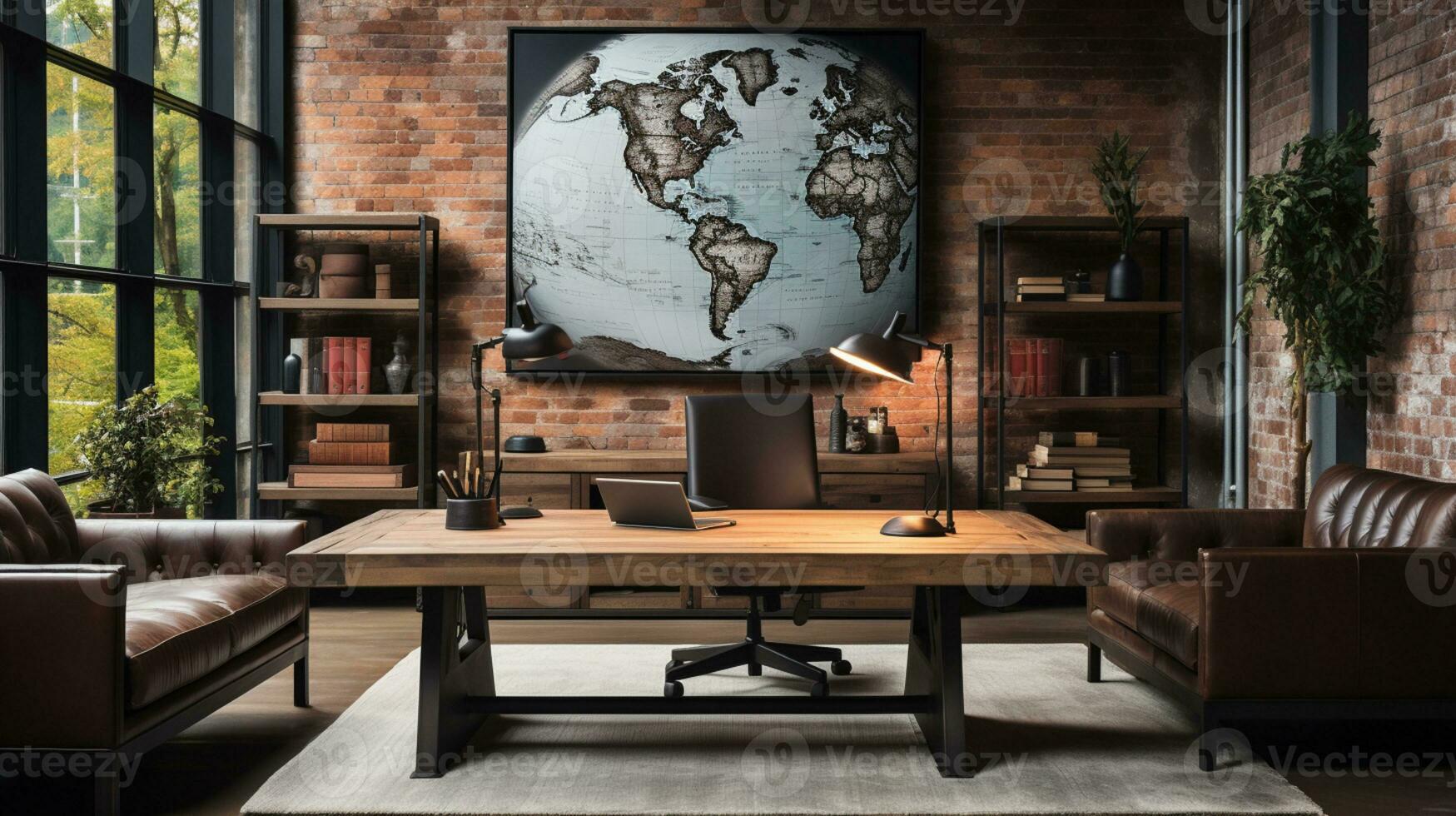 AI generated Industrial-style home office with a reclaimed wood desk Design and a bookshelfAI photo