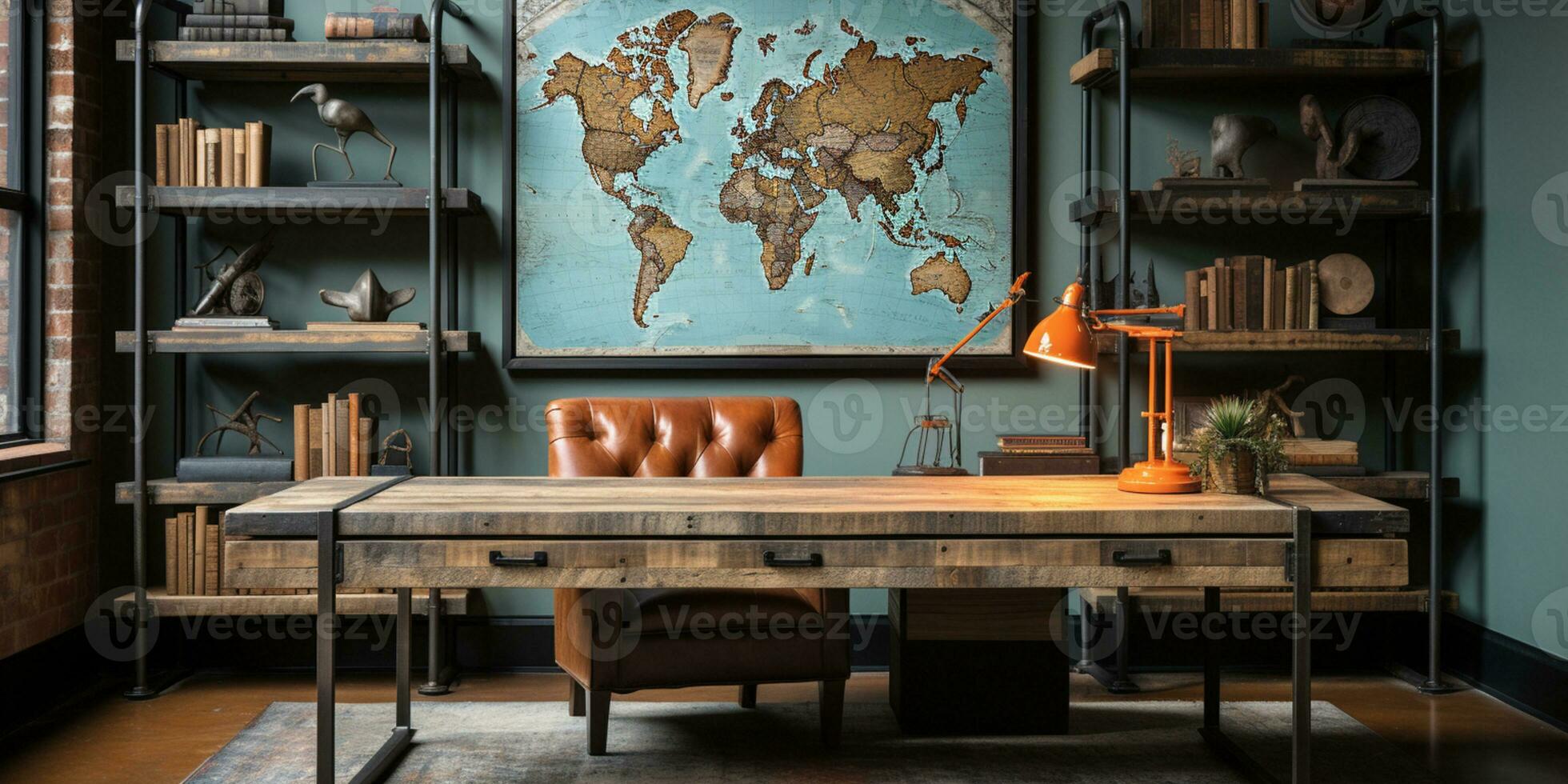 AI generated Industrial-style home office with a reclaimed wood desk Design and a bookshelfAI photo