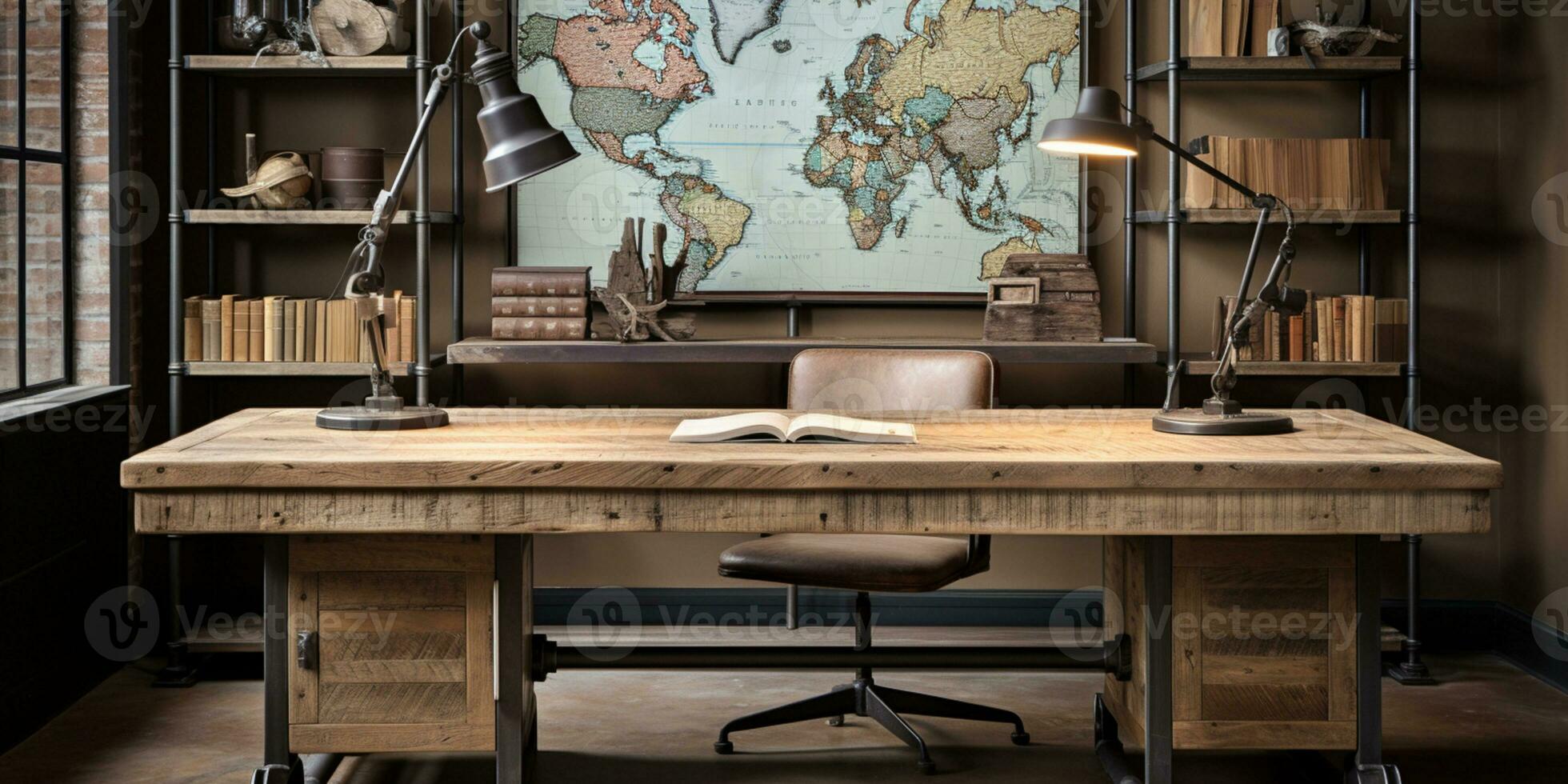 ai generado estilo industrial hogar oficina con un regenerado madera escritorio diseño y un estantería foto