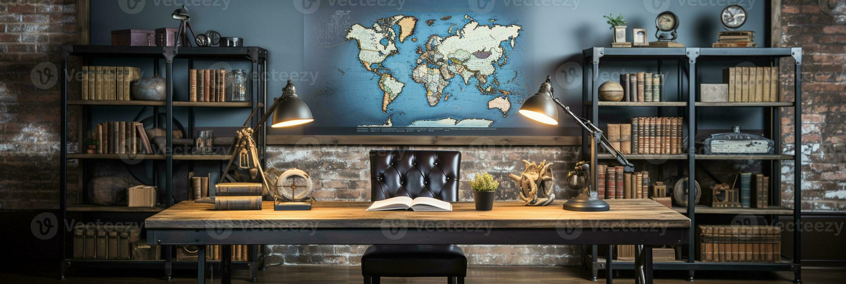AI generated Industrial-style home office with a reclaimed wood desk Design and a bookshelfAI photo