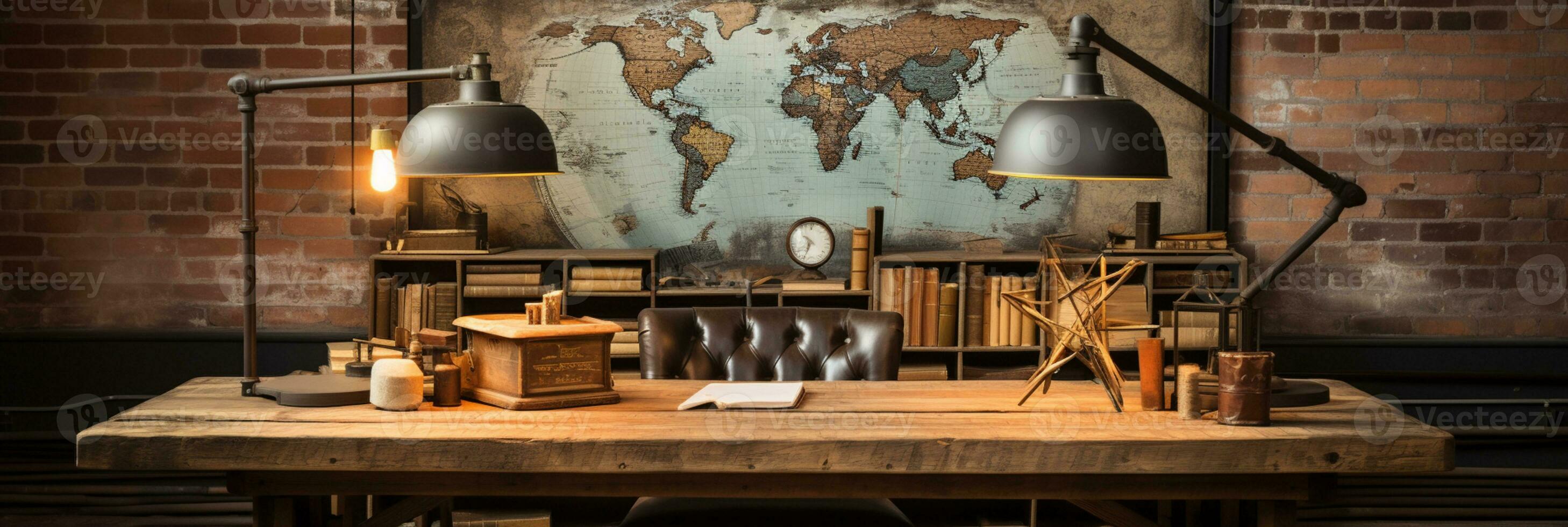AI generated Industrial-style home office with a reclaimed wood desk Design and a bookshelfAI photo