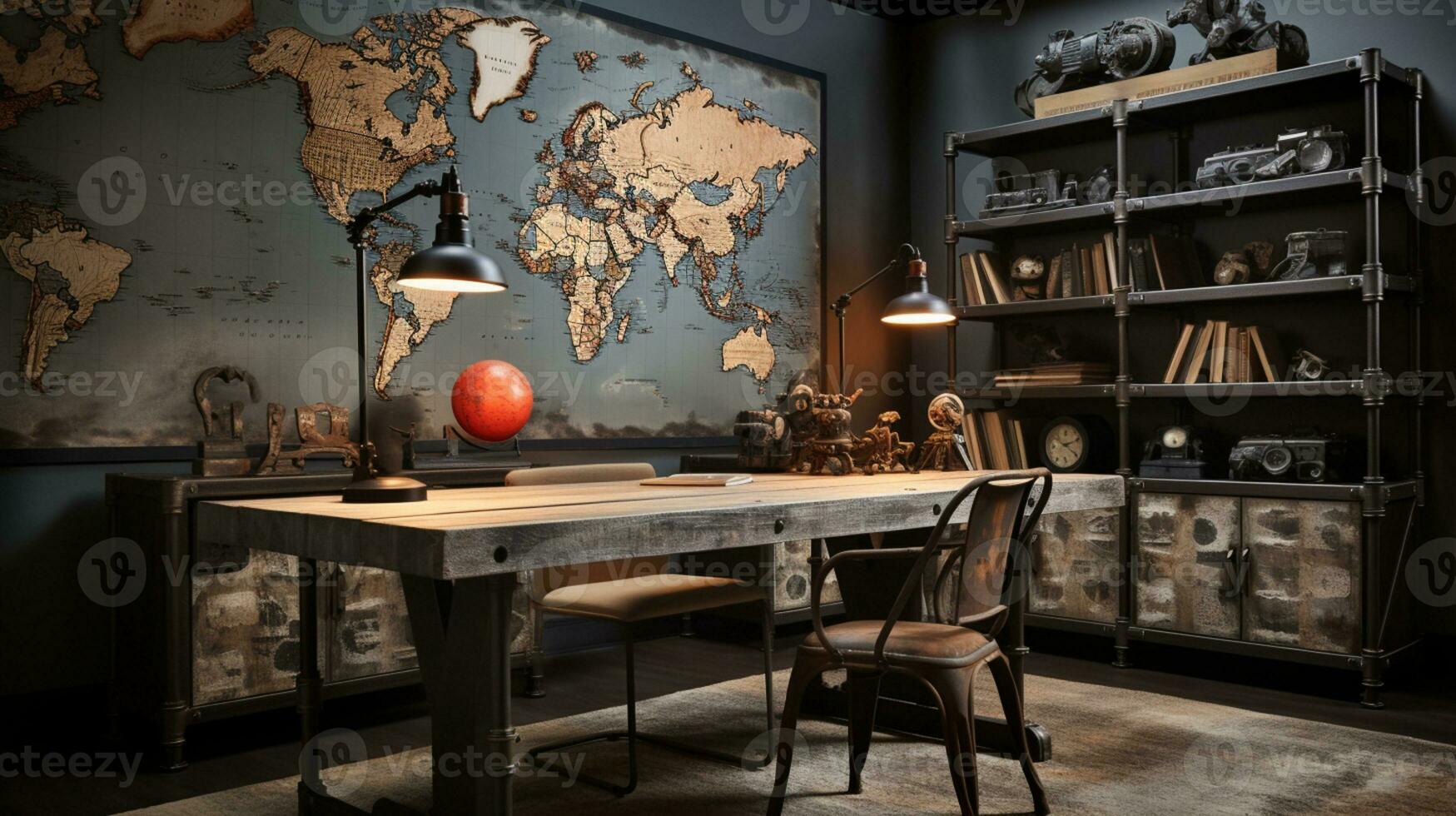 AI generated Industrial-style home office with a reclaimed wood desk Design and a bookshelfAI photo