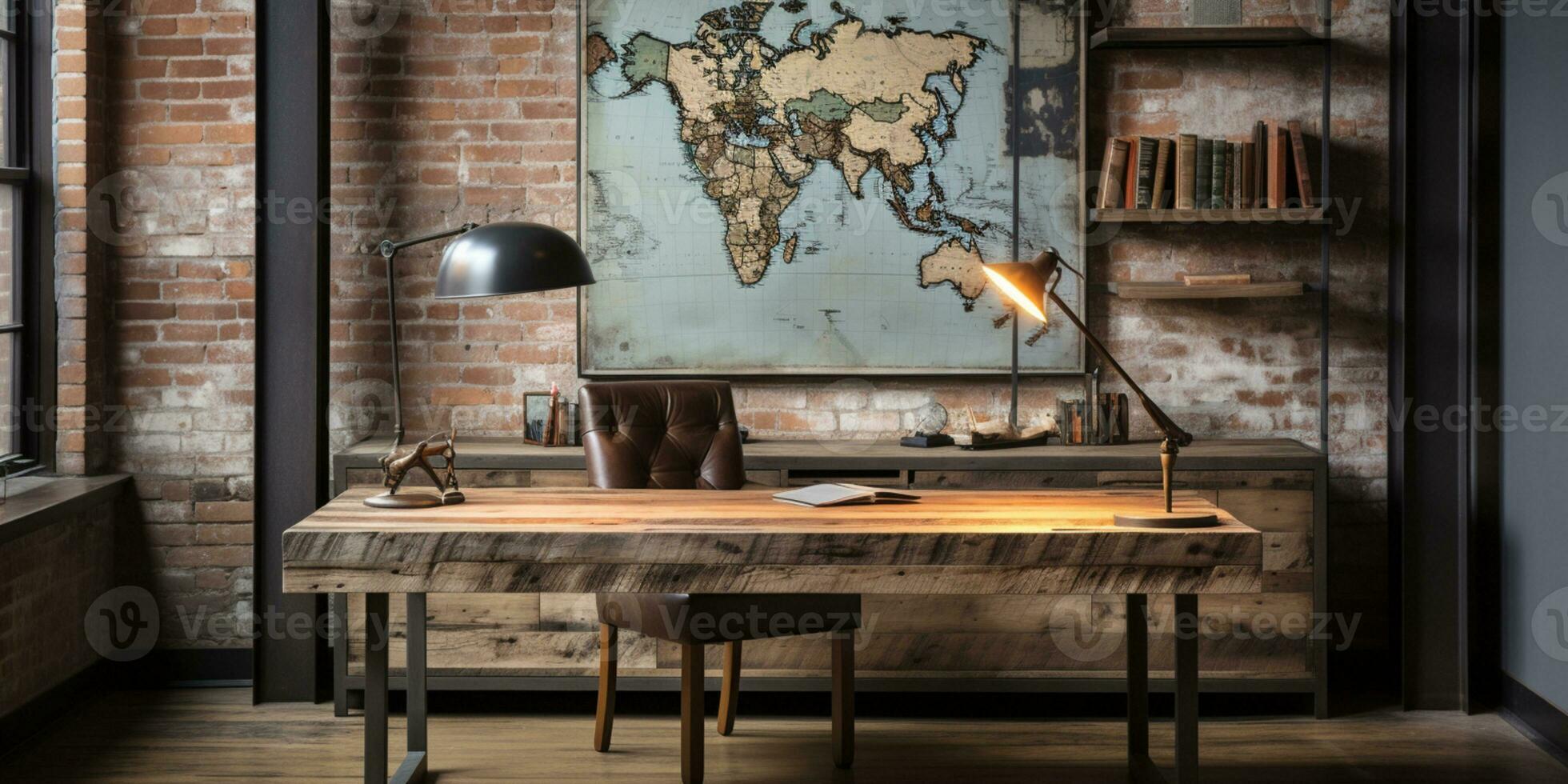 AI generated Industrial-style home office with a reclaimed wood desk Design and a bookshelfAI photo