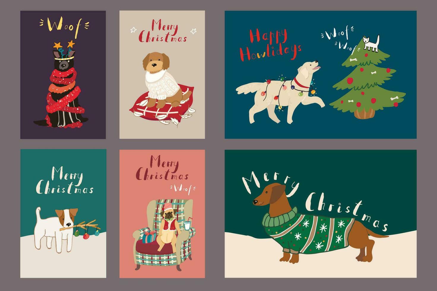 Christmas dog winter vector postcards design set.