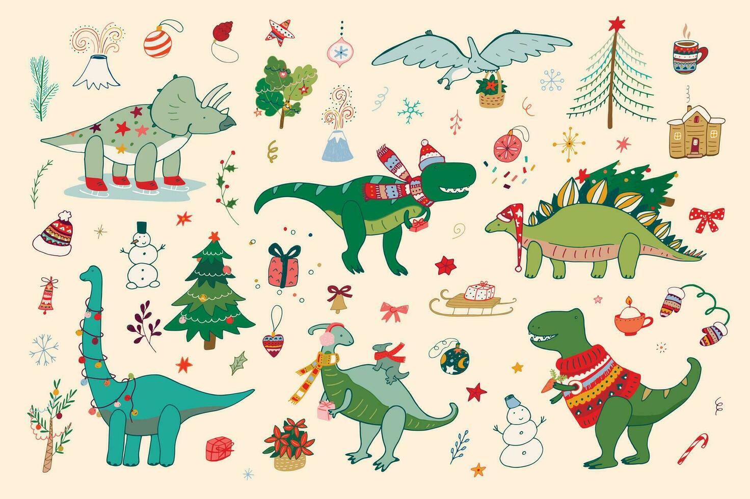 Christmas dinosaurs vector illustrations set.
