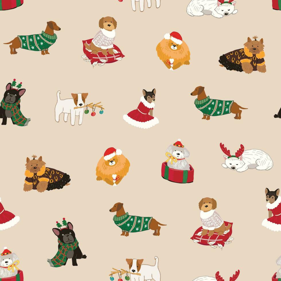 Christmas dog winter vector seamless pattern.