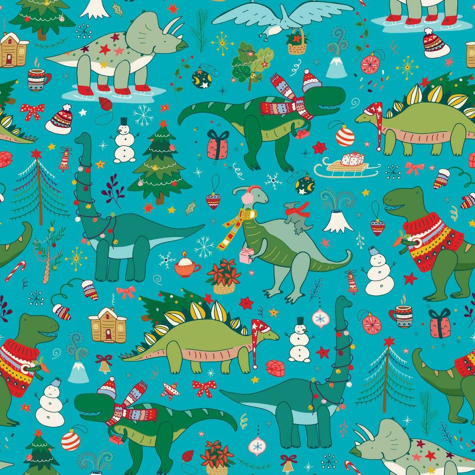 Christmas dinosaurs vector seamless pattern.