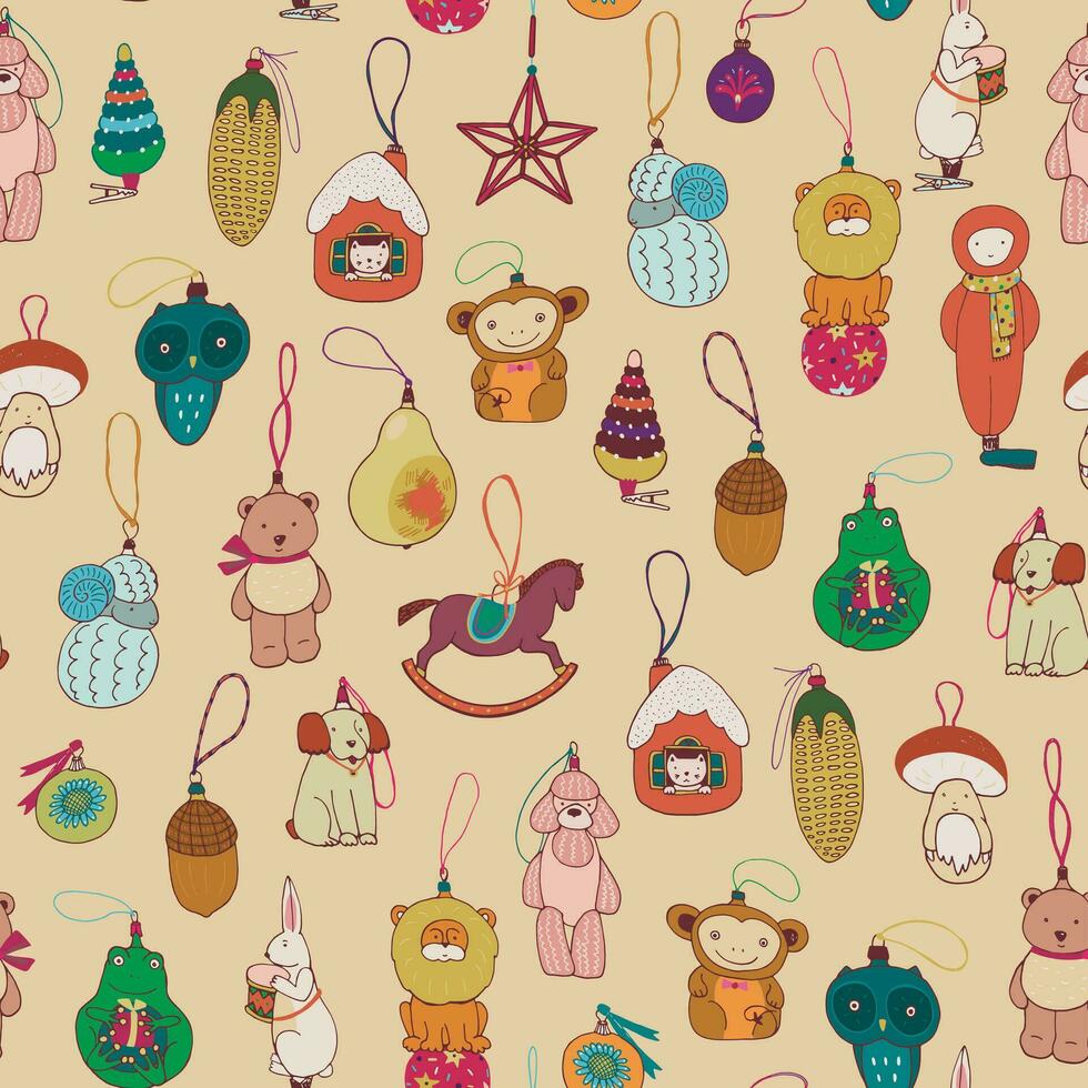 Christmas tree toys vector seamless pattern.