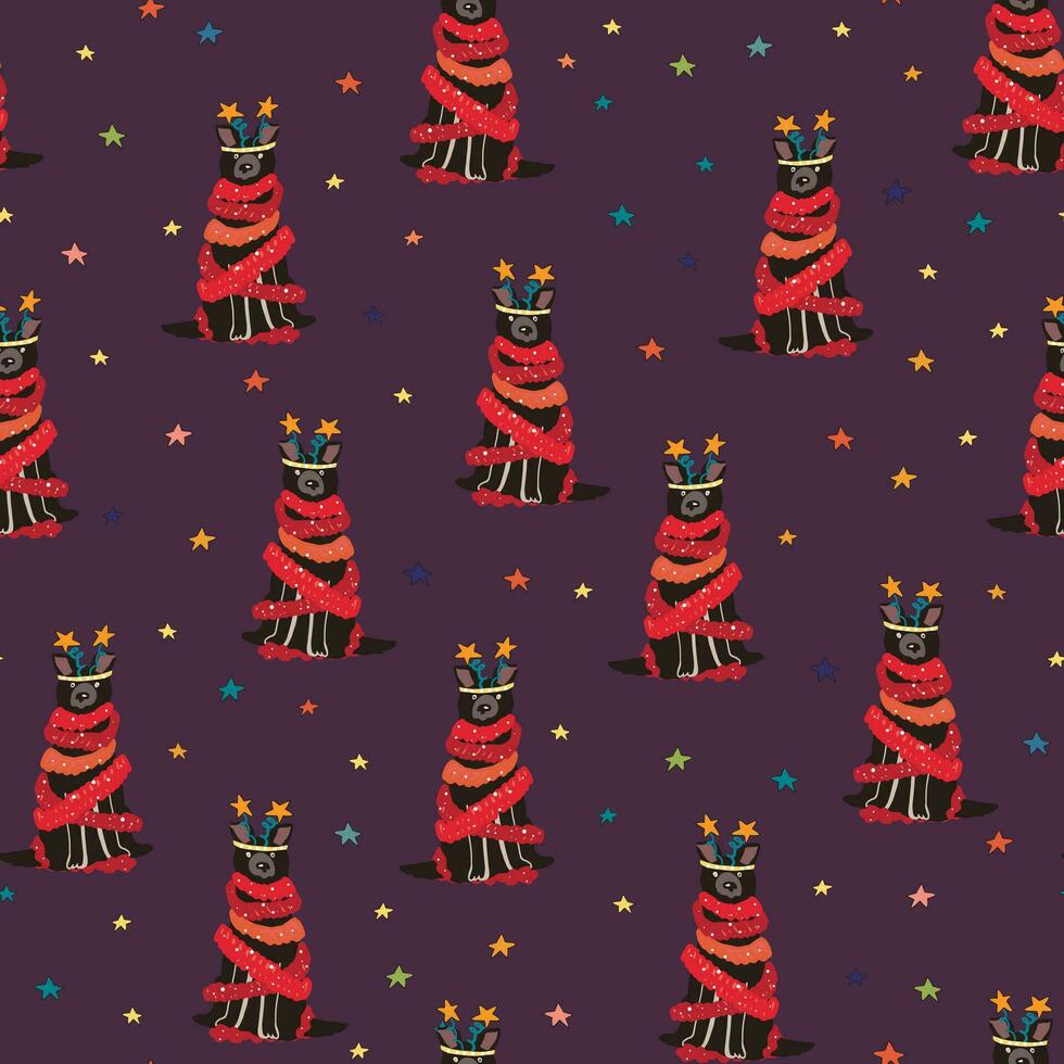 Christmas dog winter vector seamless pattern.