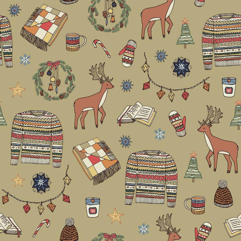 Christmas sweater, deer, cozy objects winter vector seamless pattern.