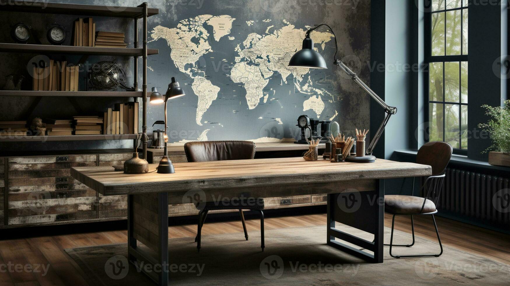 AI generated Industrial-style home office with a reclaimed wood desk Design and a bookshelf photo