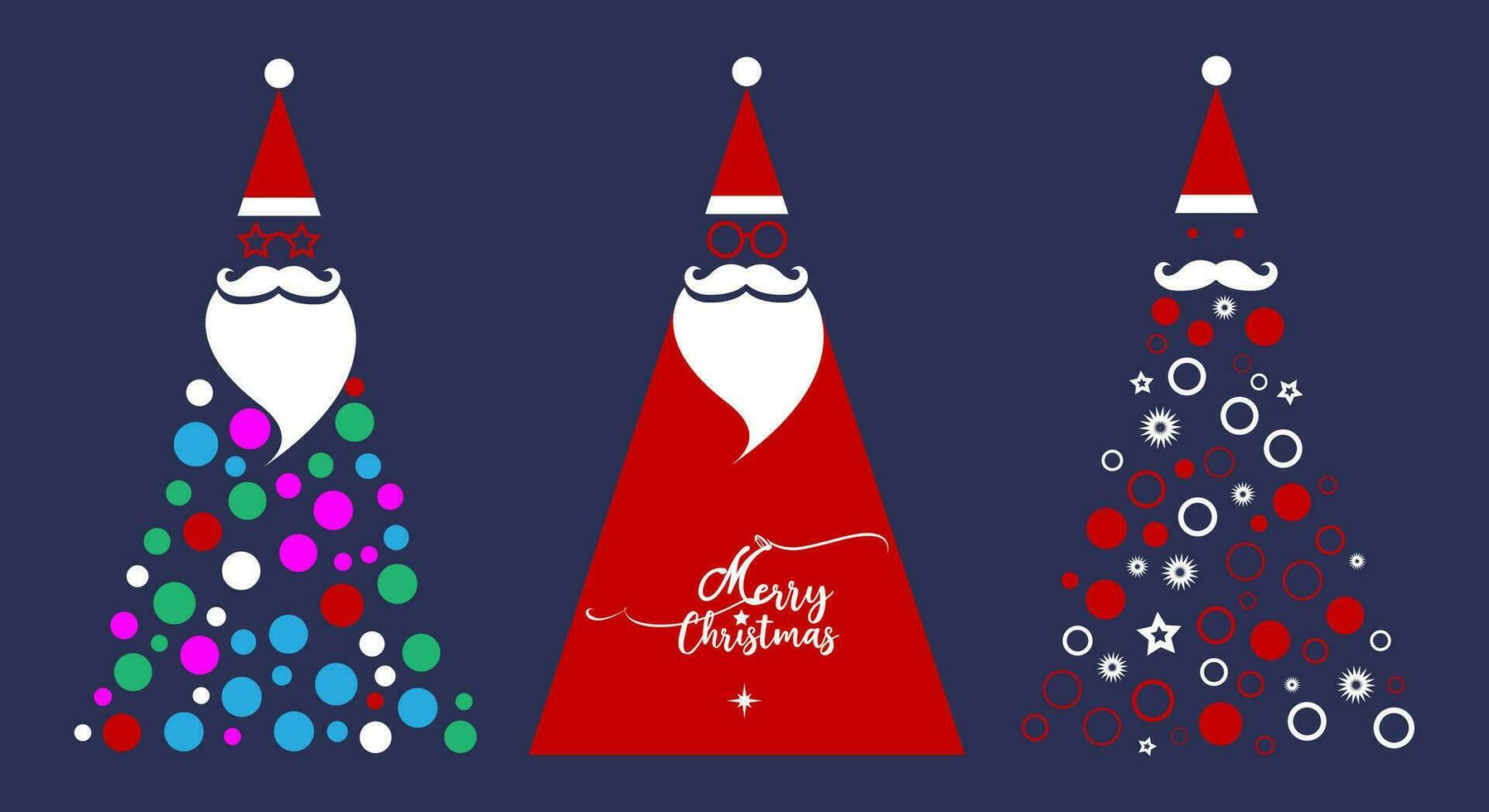 Santa Claus Christmas tree fashion hipster style set icons. Santa hats, moustache and beards, glasses. Xmas trees elements for your festive design. Vector illustration isolated on blue background